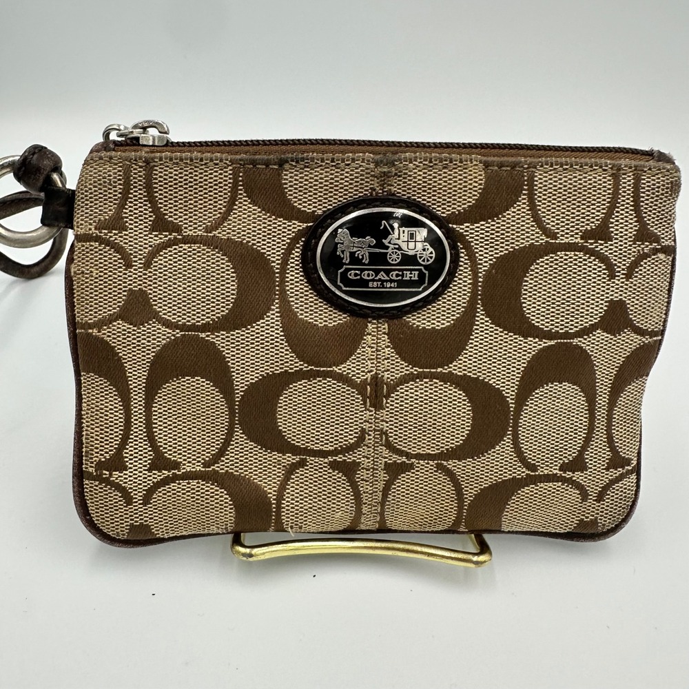 Coach Signature Jacquard Wristlet Khaki Brown Canvas Leather Trim Logo Plaque